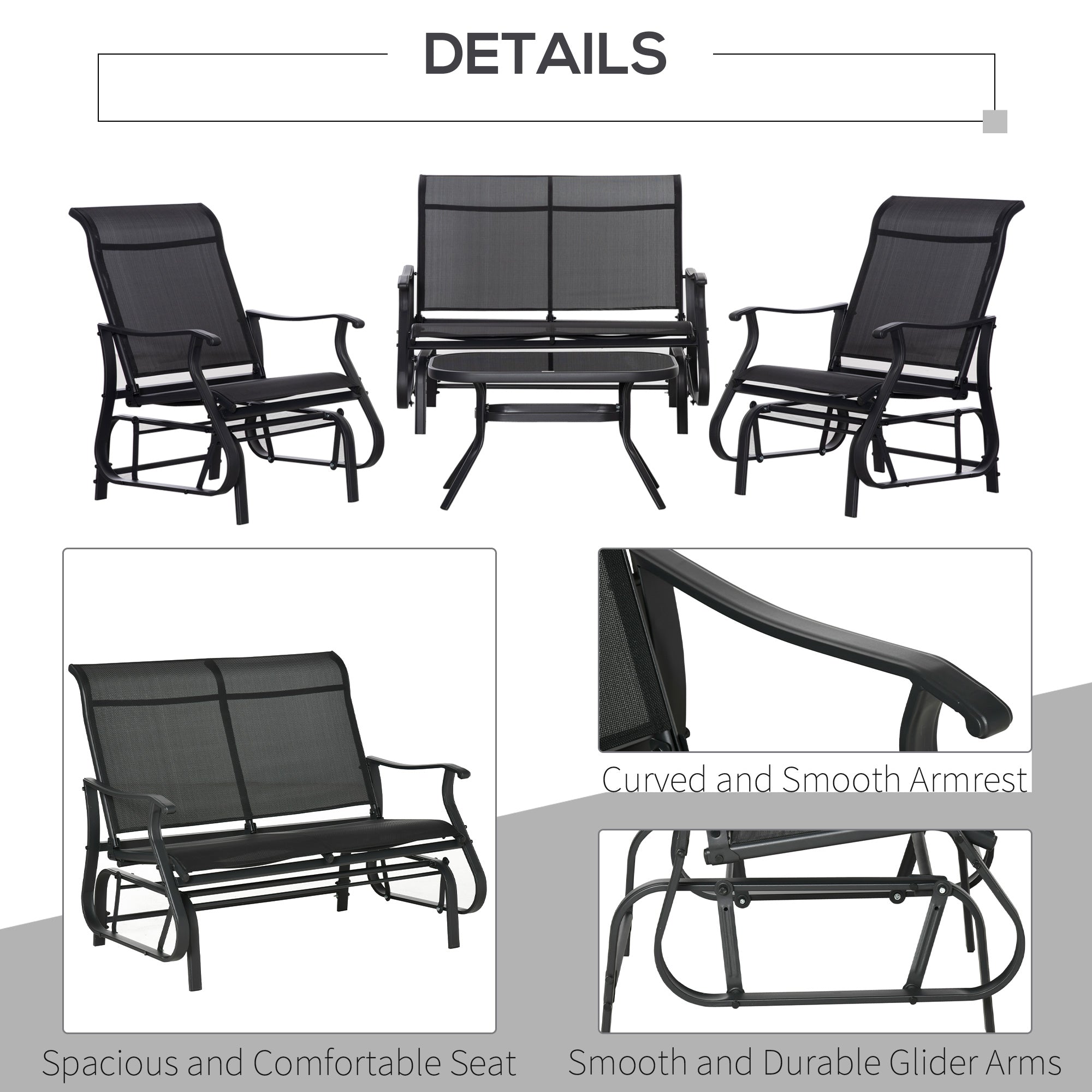 4 Pieces Gliders Set, Outdoor Furniture Sets with 2-Person Glider Patio Bench, Single Sling Chair and Glass Coffee Table for Backyard, Lawn and Garden, Black