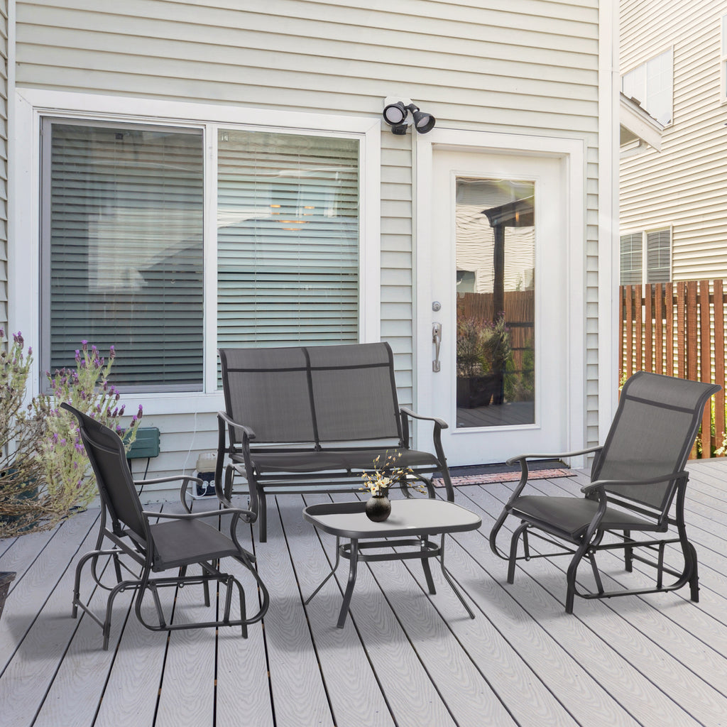 4 Pieces Gliders Set, Outdoor Furniture Sets with 2-Person Glider Patio Bench, Single Sling Chair and Glass Coffee Table for Backyard, Lawn and Garden, Black