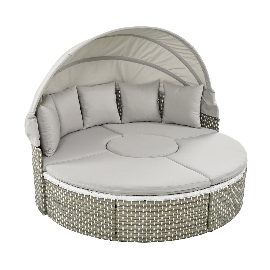 TOPMAX Patio Furniture Round Outdoor Sectional Sofa Set Rattan Daybed Two-Tone Weave Sunbed With Retractable Canopy, Separate Seating And Removable Cushion, Gray