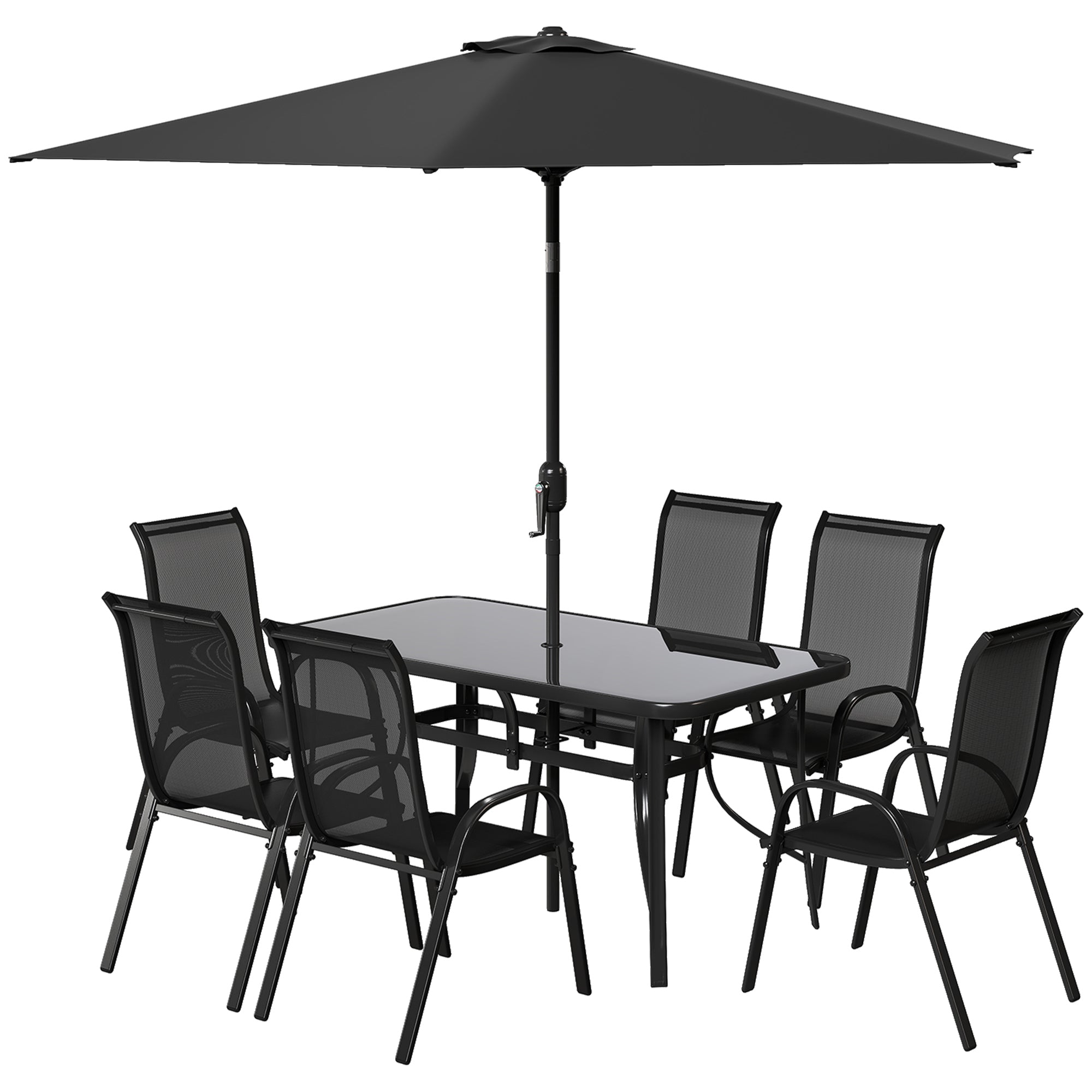 8 Pieces Patio Furniture Set with 9Ft Patio Umbrella, Outdoor Dining Table and Chairs, Black