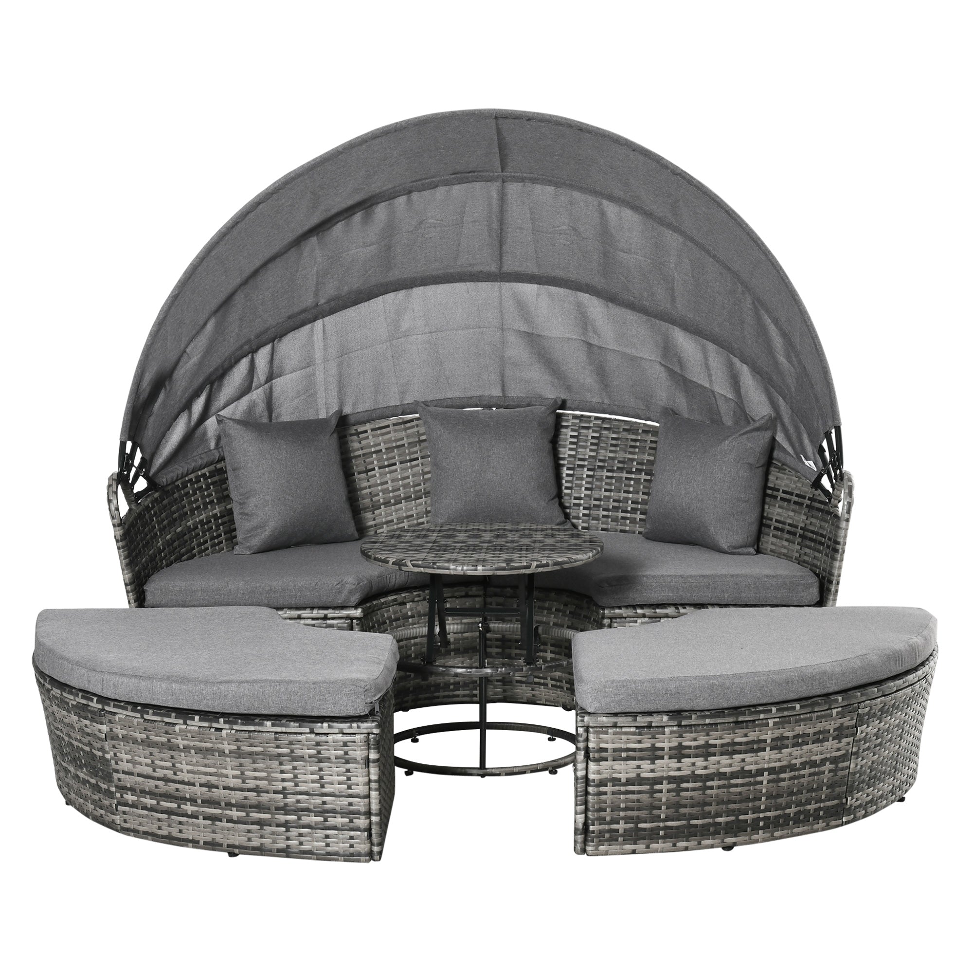 4 Piece Round Rattan Daybed, Convertible Patio Furniture Set, Adjustable Sun Canopy, Sectional Outdoor Sofa, 2 Chairs, Extending Tea Table Ottoman Chair, 3 Pillows, Gray