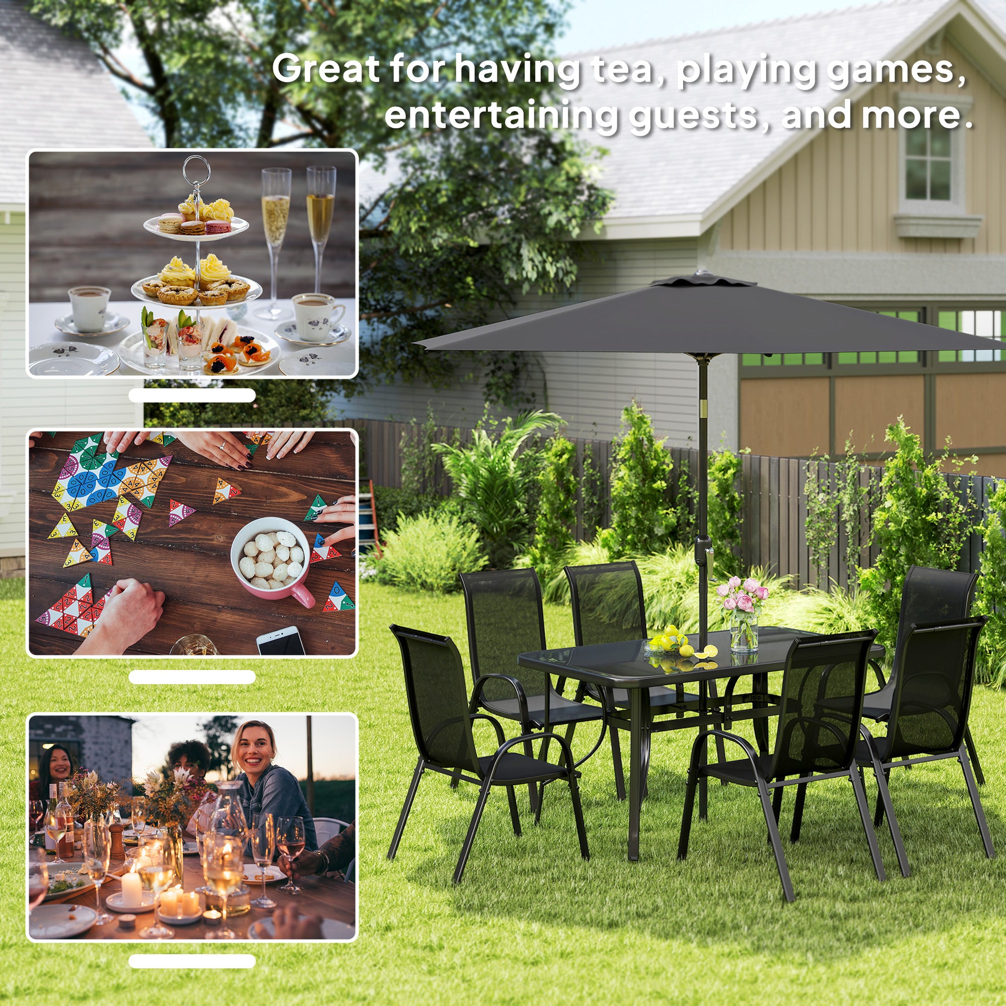 8 Pieces Patio Furniture Set with 9Ft Patio Umbrella, Outdoor Dining Table and Chairs, Black