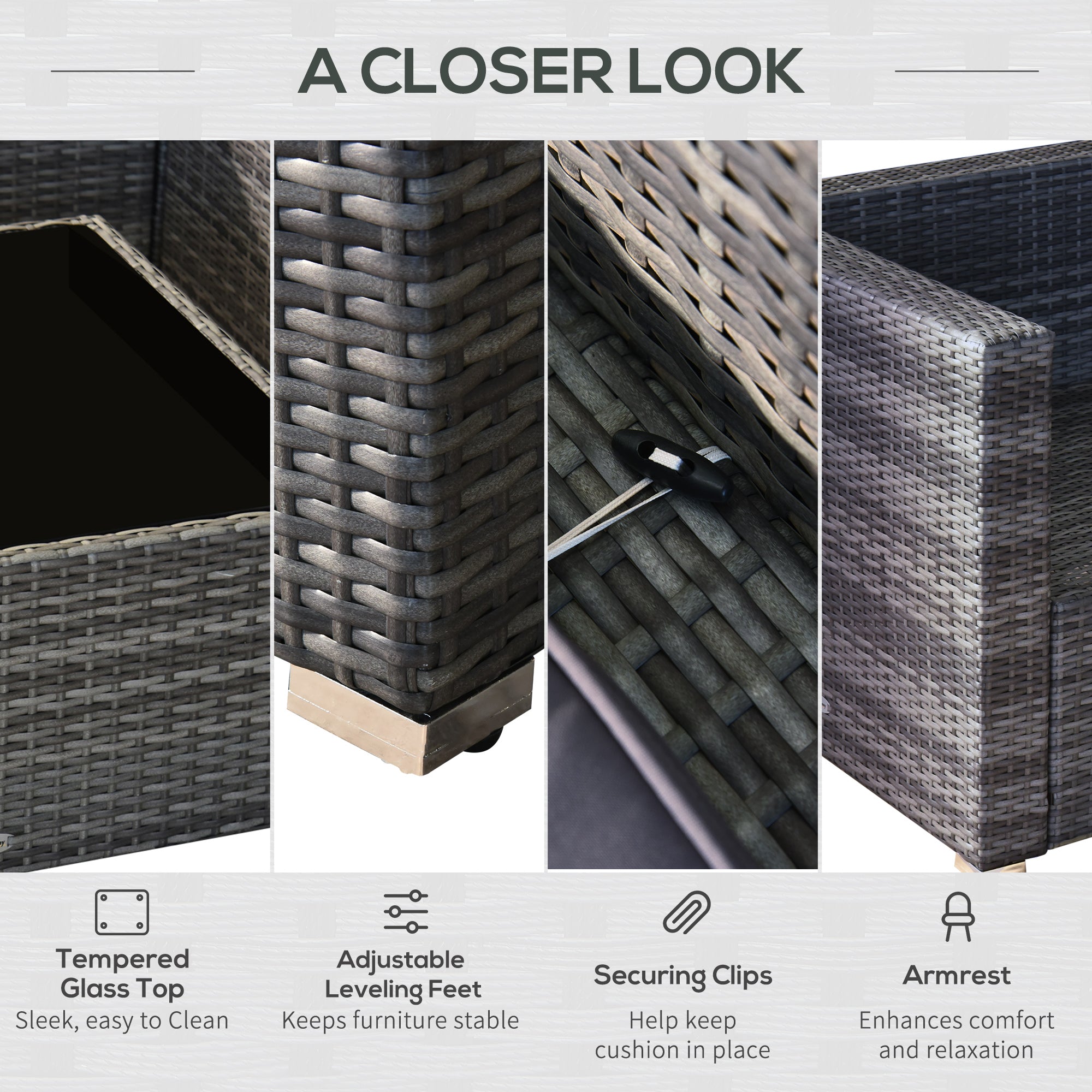 7 Piece Wicker Patio Furniture For Backyard Outdoor Sectional Sofa With Cushions  Tempered Glass Coffee Table Pillows Gray