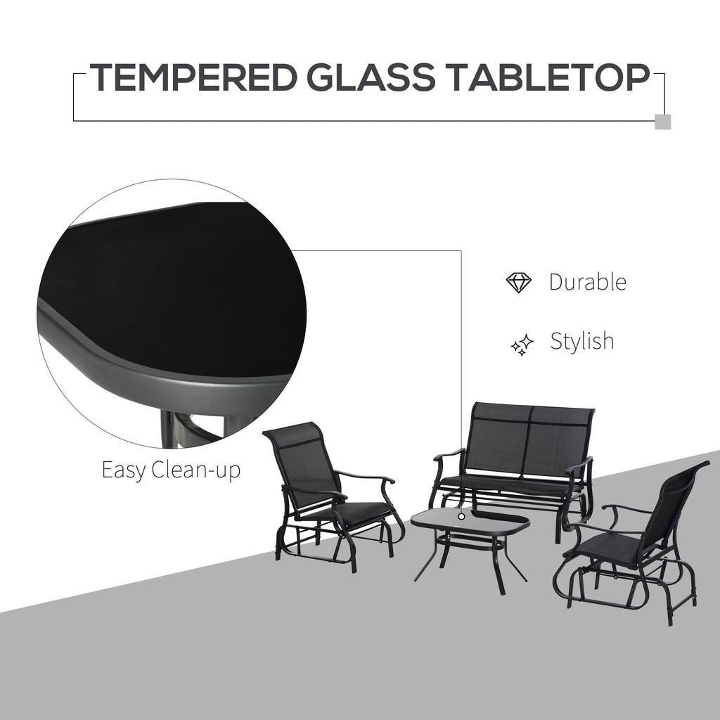 4 Pieces Gliders Set, Outdoor Furniture Sets with 2-Person Glider Patio Bench, Single Sling Chair and Glass Coffee Table for Backyard, Lawn and Garden, Black