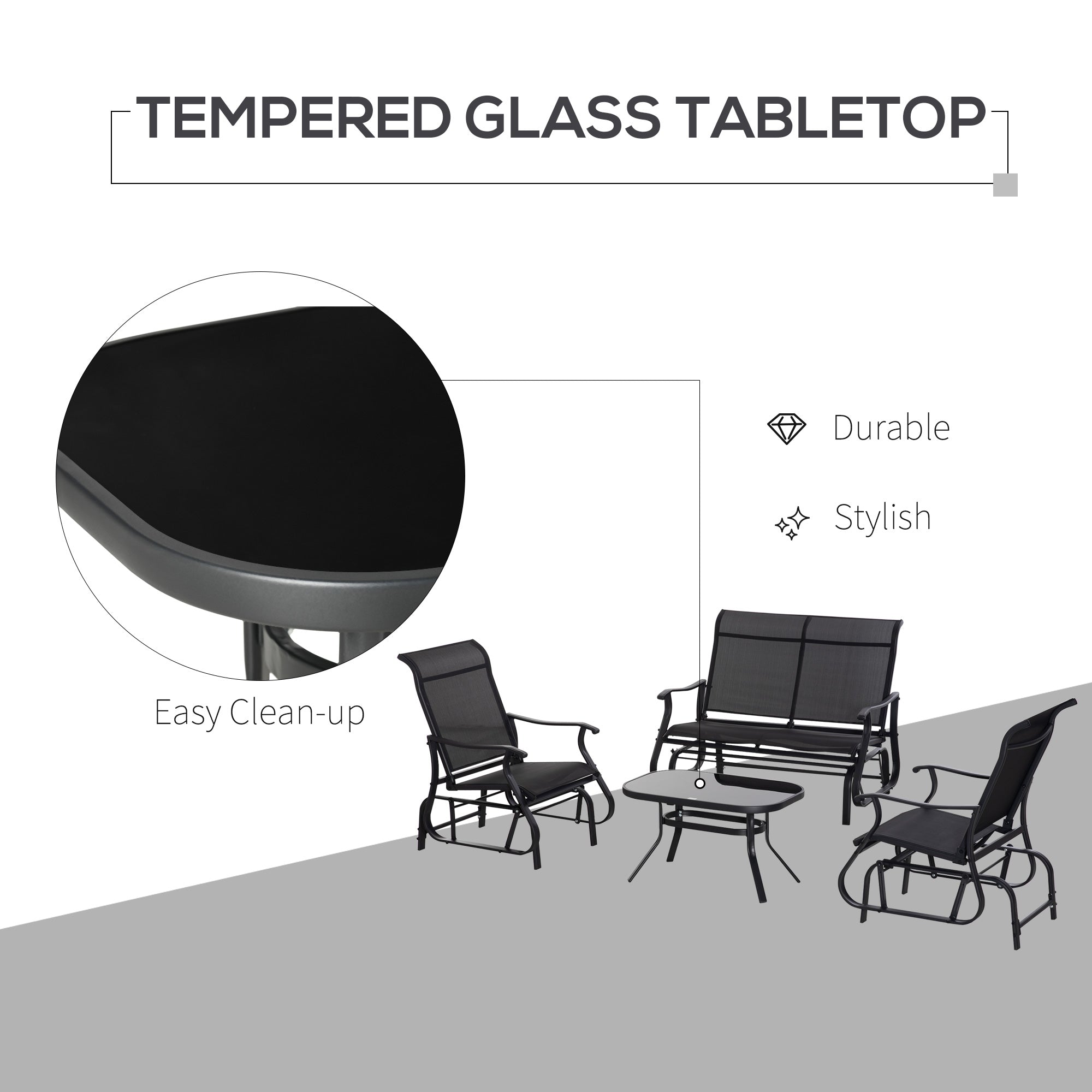 4 Pieces Gliders Set, Outdoor Furniture Sets with 2-Person Glider Patio Bench, Single Sling Chair and Glass Coffee Table for Backyard, Lawn and Garden, Black