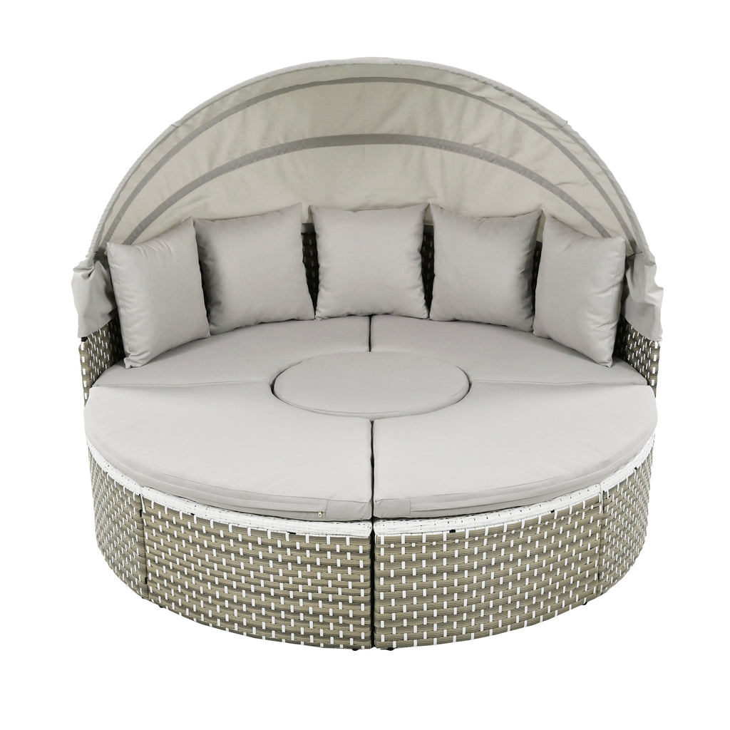 TOPMAX Patio Furniture Round Outdoor Sectional Sofa Set Rattan Daybed Two-Tone Weave Sunbed With Retractable Canopy, Separate Seating And Removable Cushion, Gray
