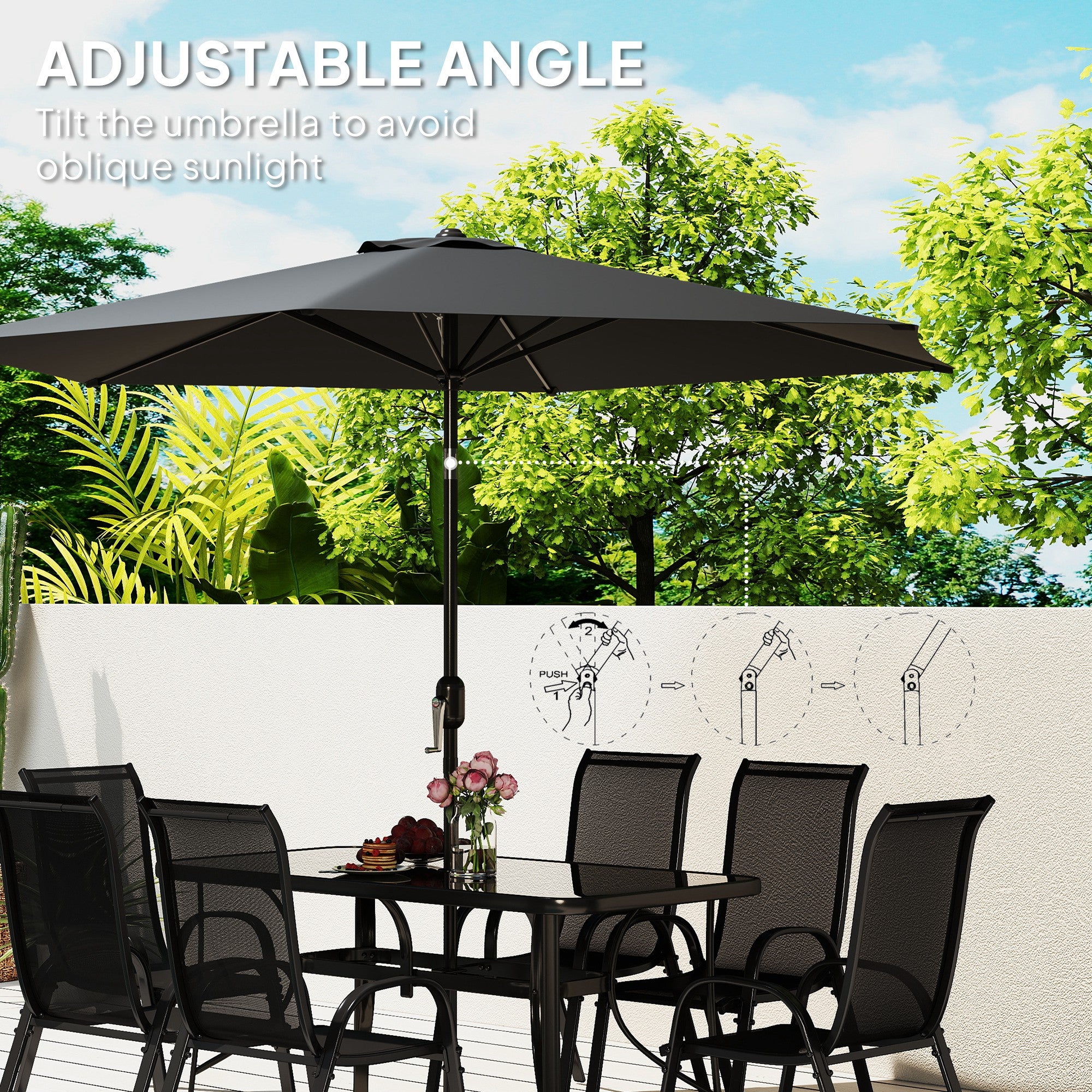 8 Pieces Patio Furniture Set with 9Ft Patio Umbrella, Outdoor Dining Table and Chairs, Black