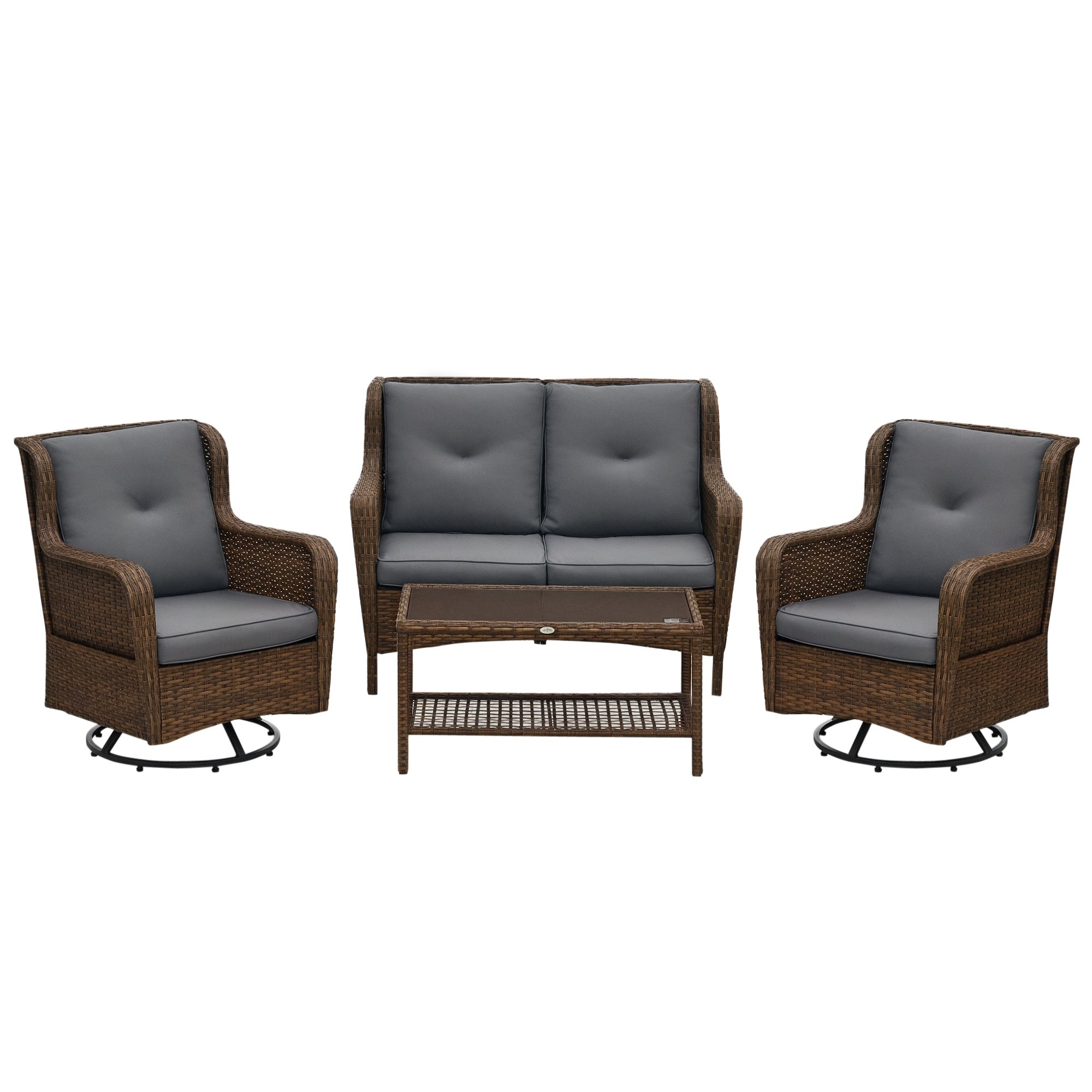 4 Piece PE Rattan Outdoor Patio Furniture Set, Wicker Conversation Set with 2 Swivel Glider Chairs, 2-Tier Glass Table and Loveseat for Garden, Patio, Poolside, Gray