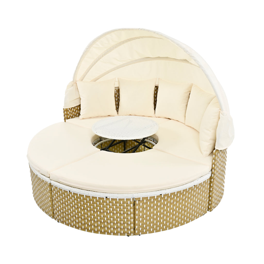 TOPMAX Patio Furniture Round Outdoor Sectional Sofa Set Rattan Daybed Two-Tone Weave Sunbed With Retractable Canopy, Separate Seating And Removable Cushion, Beige