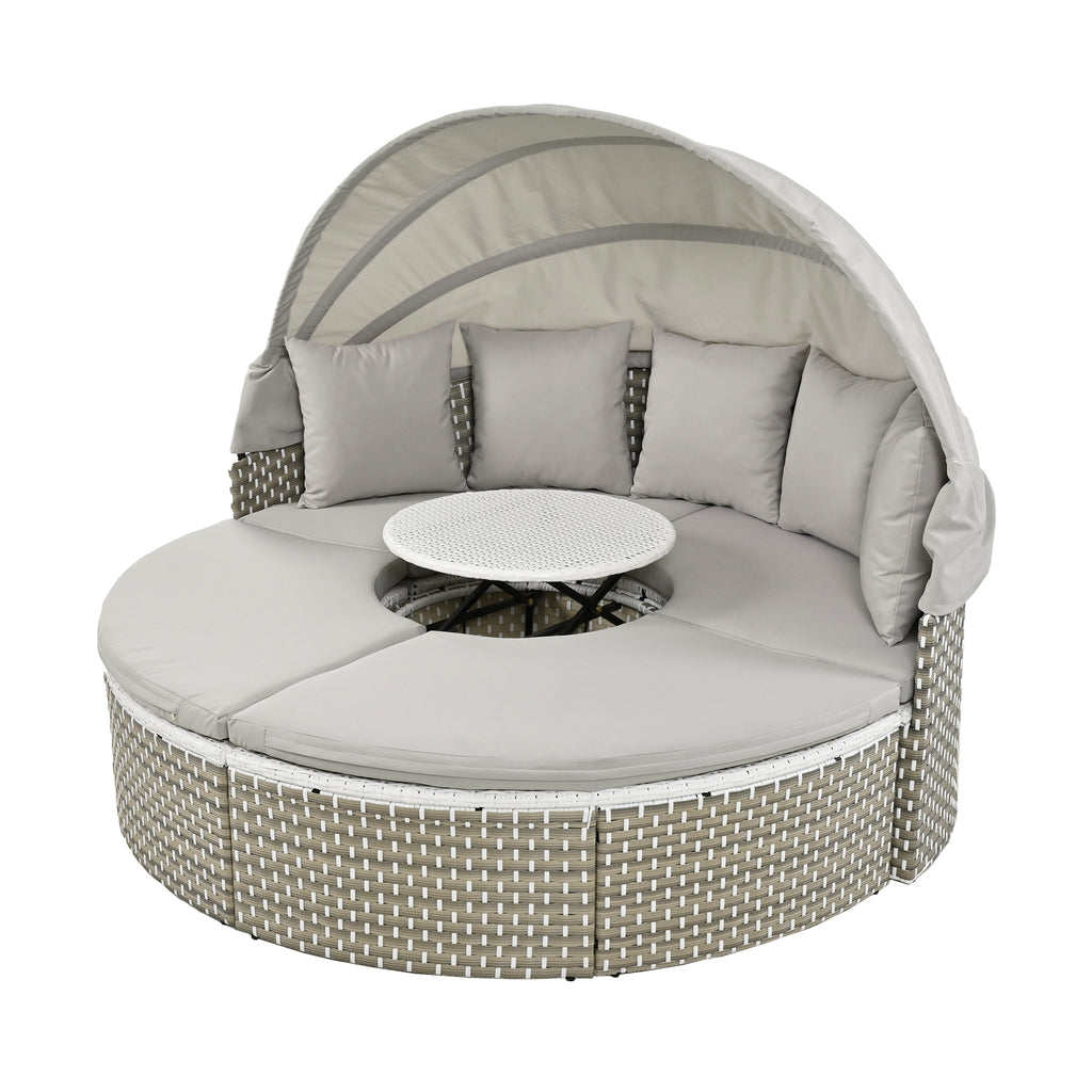 TOPMAX Patio Furniture Round Outdoor Sectional Sofa Set Rattan Daybed Two-Tone Weave Sunbed With Retractable Canopy, Separate Seating And Removable Cushion, Gray