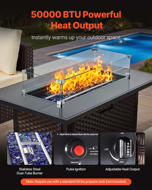 6-Piece Outdoor Patio Furniture Set, Wicker Rattan Outdoor Sectional Conversation Set With 50000BTU Propane Fire Pit Table, Cushioned Sofas, Coffee Table & Ottoman For Patio Garden Backyard