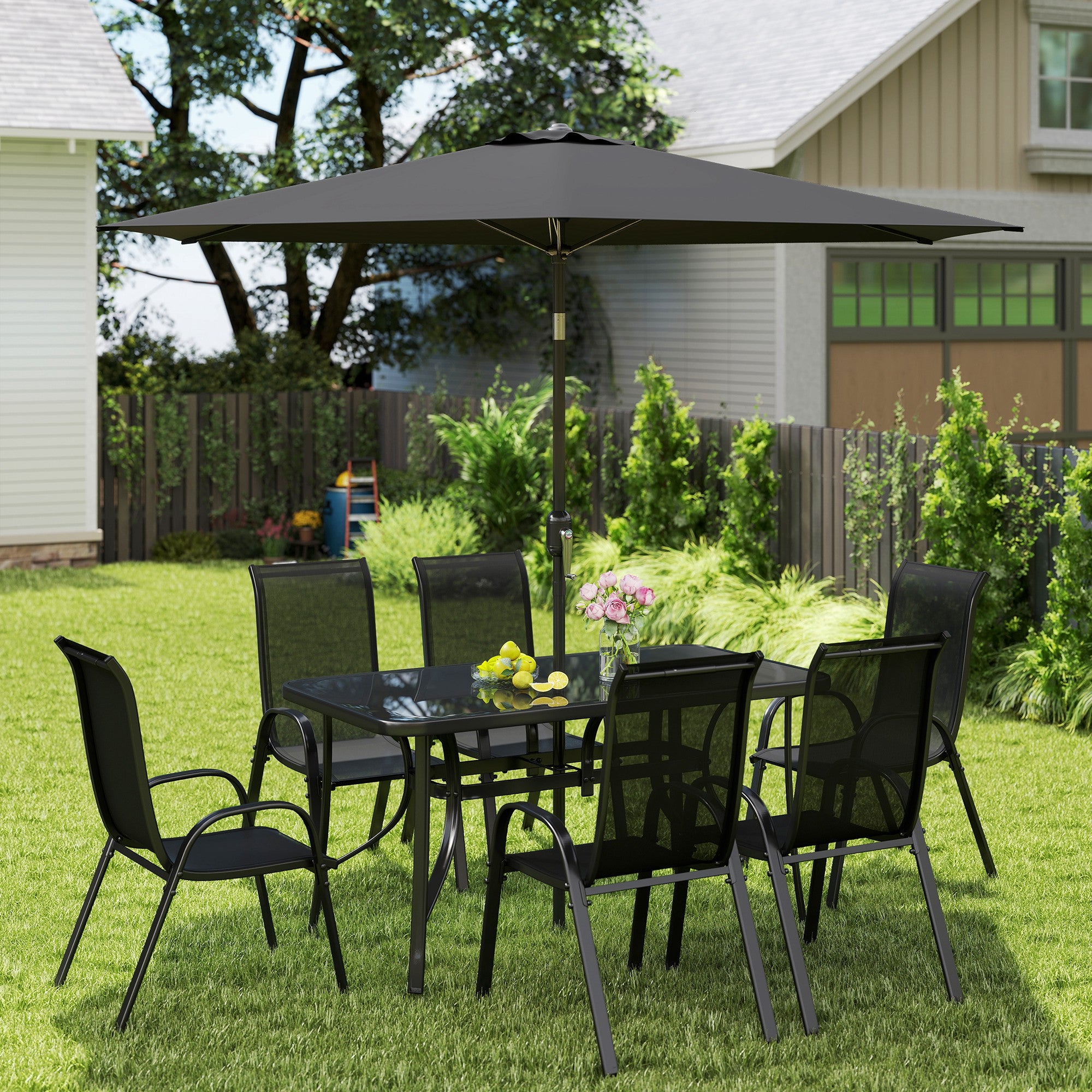 8 Pieces Patio Furniture Set with 9Ft Patio Umbrella, Outdoor Dining Table and Chairs, Black