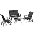 4 Pieces Gliders Set, Outdoor Furniture Sets with 2-Person Glider Patio Bench, Single Sling Chair and Glass Coffee Table for Backyard, Lawn and Garden, Black
