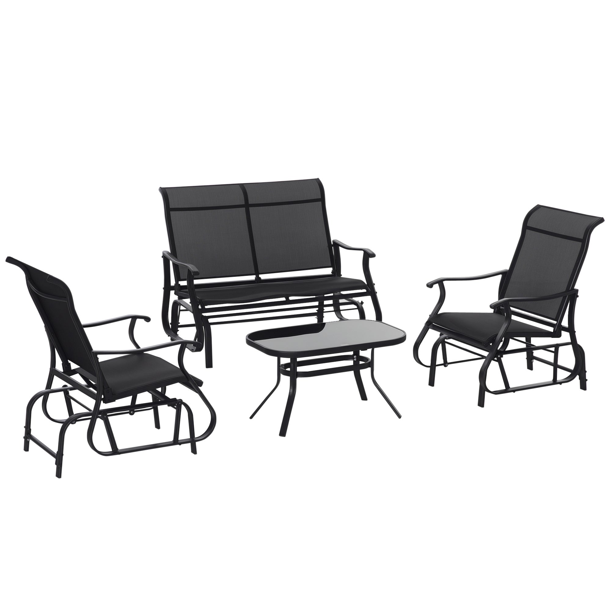 4 Pieces Gliders Set, Outdoor Furniture Sets with 2-Person Glider Patio Bench, Single Sling Chair and Glass Coffee Table for Backyard, Lawn and Garden, Black